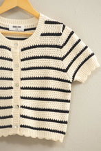 Load image into Gallery viewer, Striped Short Sleeve Cardigan With Scallop Edge-Black &amp; White
